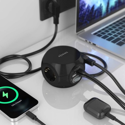 AISENS Regleta de Enchufes Sobremesa Multifuncion con 3 Tomas + 2xUSB-C,  2xUSB-A, 1.4M, Negro