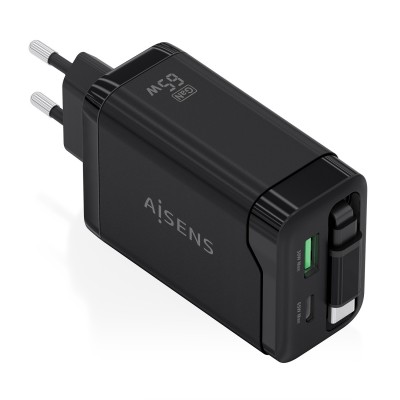 AISENS Cargador GaN 65W, 1xUSB-C Cable Retractil, 1xUSB-C PD3.0